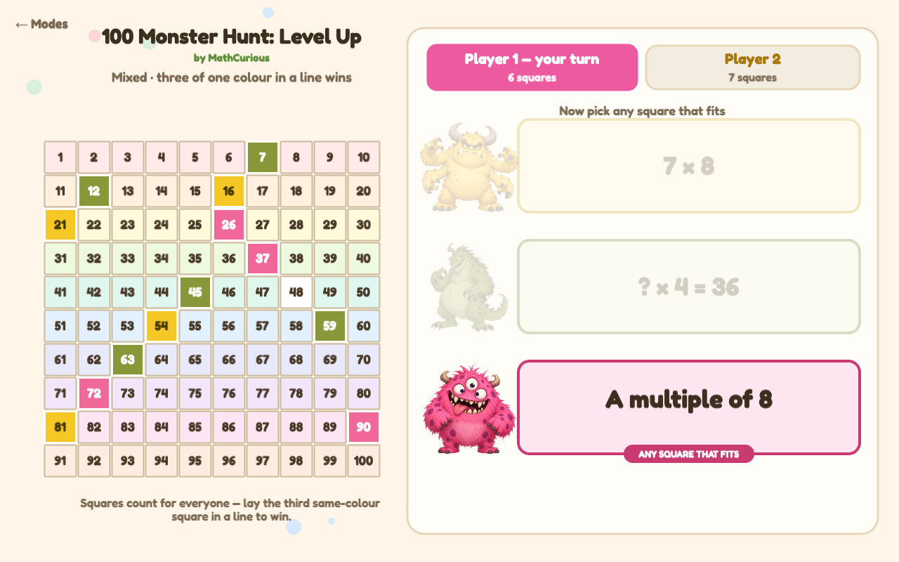After choosing "A multiple of 8", students can tap any multiple of 8 on the chart