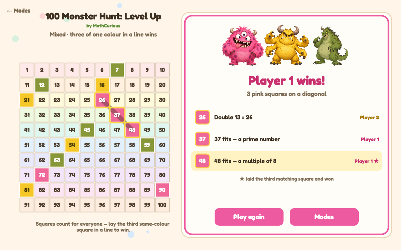 The win screen shows three pink squares on a diagonal (26, 37 and 48) and the ticket that filled each one