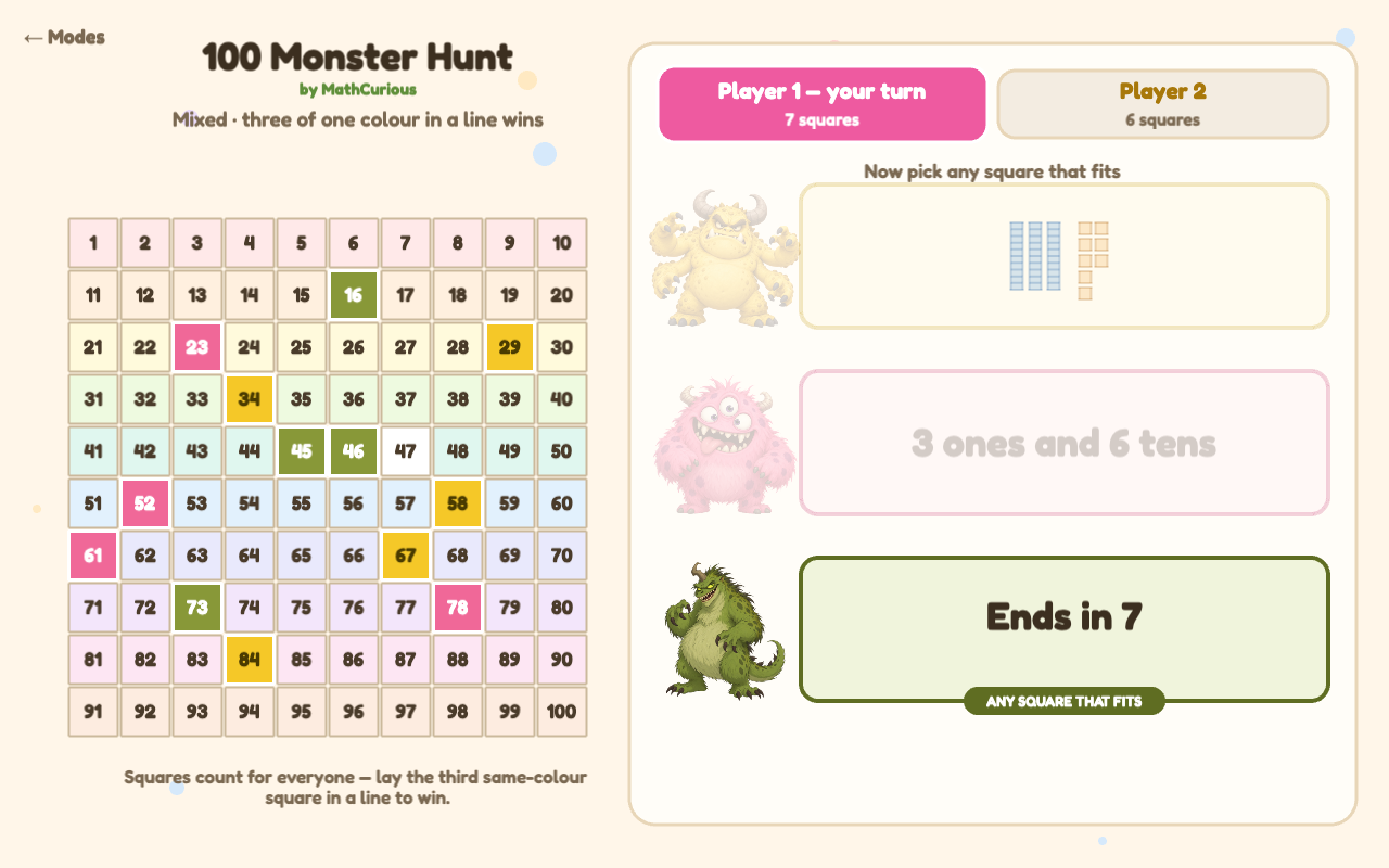 After choosing "Ends in 7", students can tap any matching square