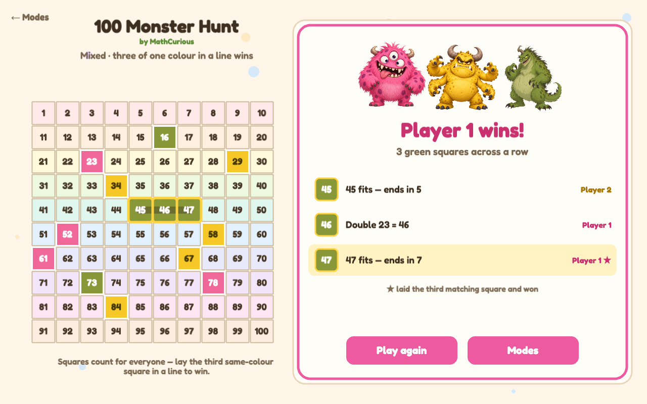 The win screen shows the line of three green squares and the ticket that filled each one