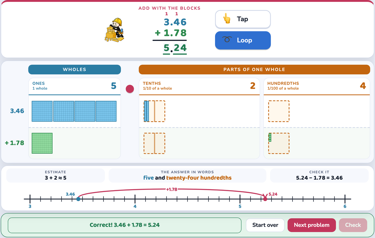 Correct! 3.46 + 1.78 = 5.24, with an estimate, the answer in words, a check and a number line
