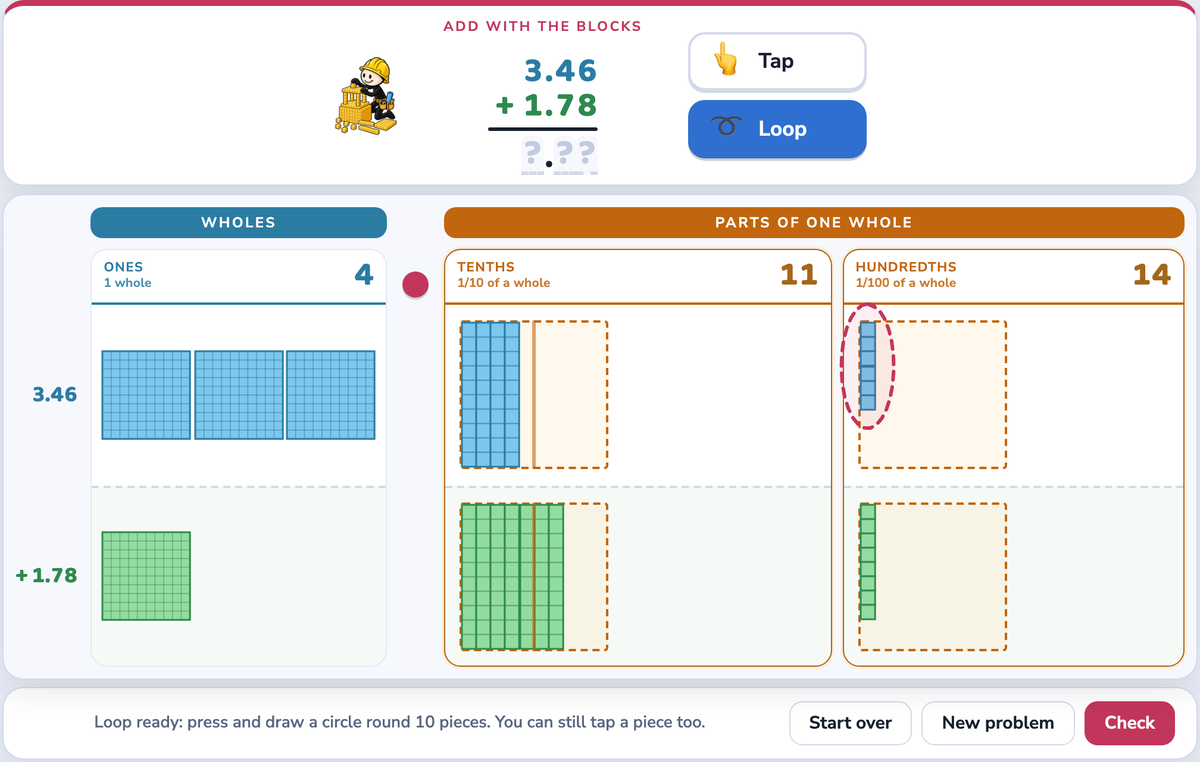 The Loop tool drawing a circle round the first number's hundredths