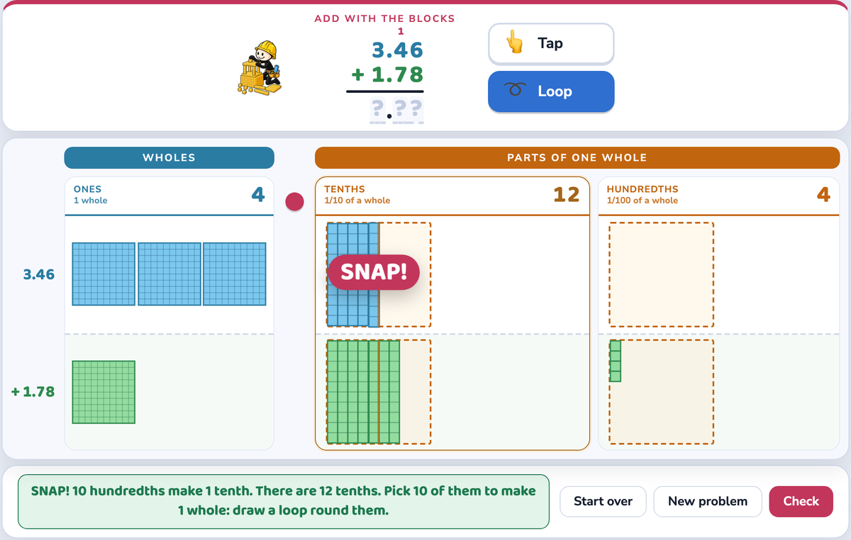 SNAP! 10 hundredths become 1 tenth, and a carried 1 appears above the problem