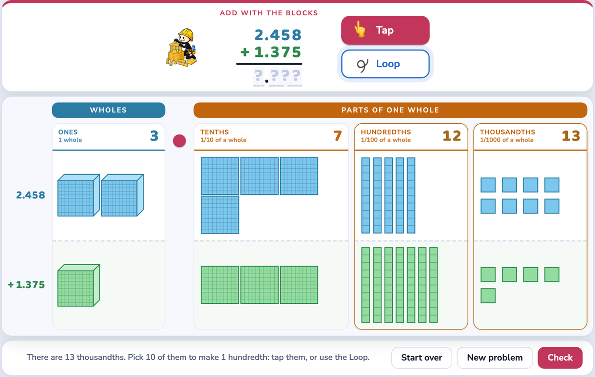 Thousandths: 2.458 + 1.375 with cubes, flats, rods and small cubes