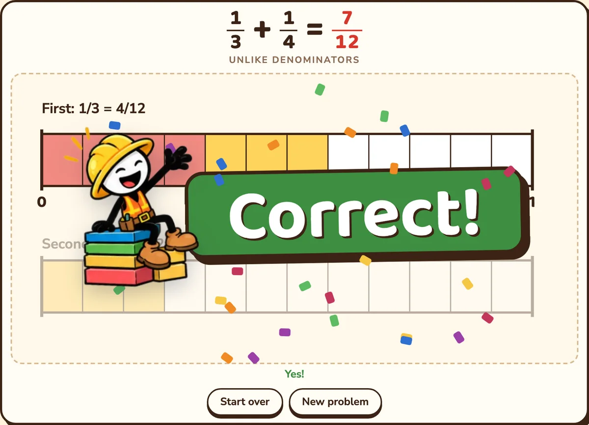 Correct! with a builder cheering on a stack of fraction bars