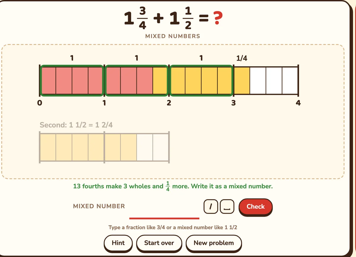 1 3/4 + 1 1/2 in fourths: three full wholes framed in green and 1/4 more