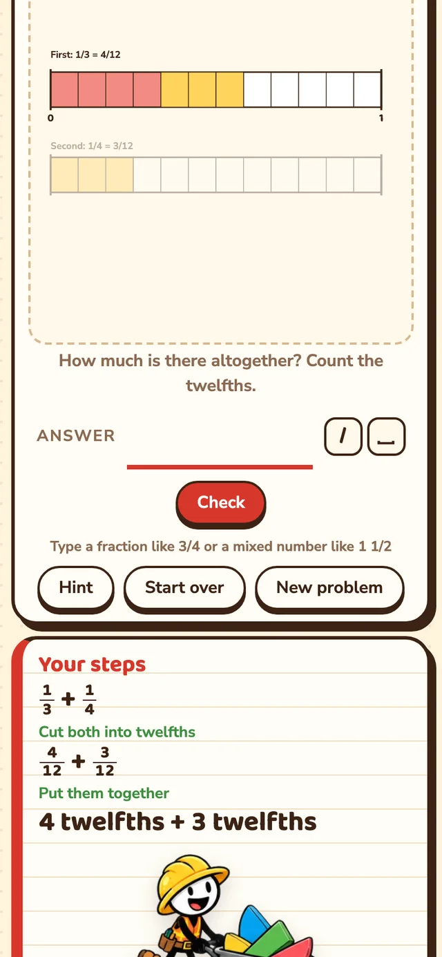 Add & Subtract Fractions on a phone screen