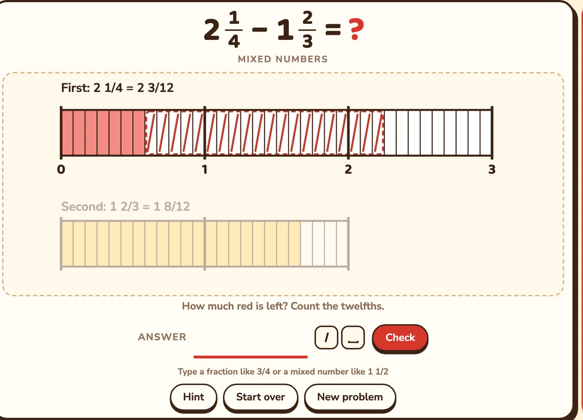 2 1/4 − 1 2/3 in twelfths: 20 twelfths crossed out across a whole, 7 twelfths of red left