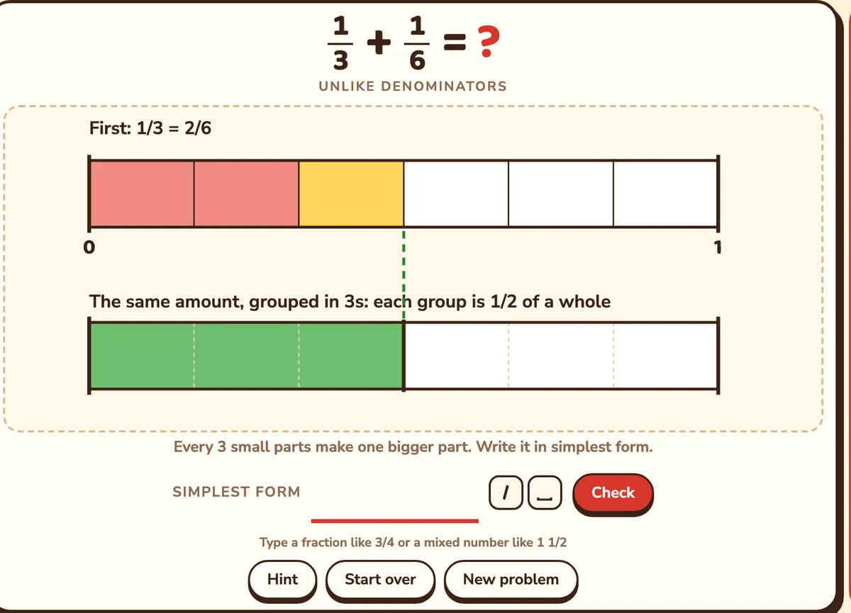 1/3 + 1/6 = 3/6 on the addition bar, and the same amount grouped in 3s underneath: one half