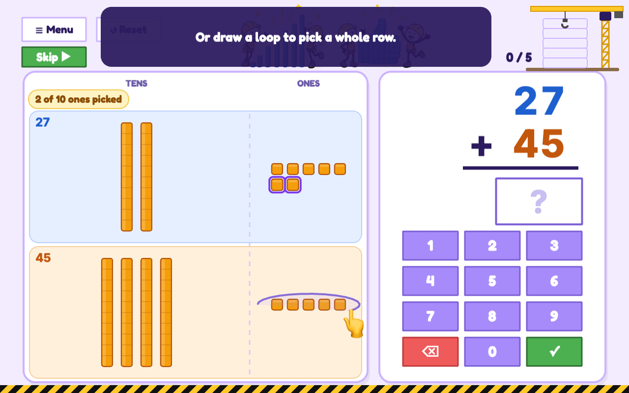 The How to play demo: a pointing hand draws a loop around a row of ones while a caption explains the step