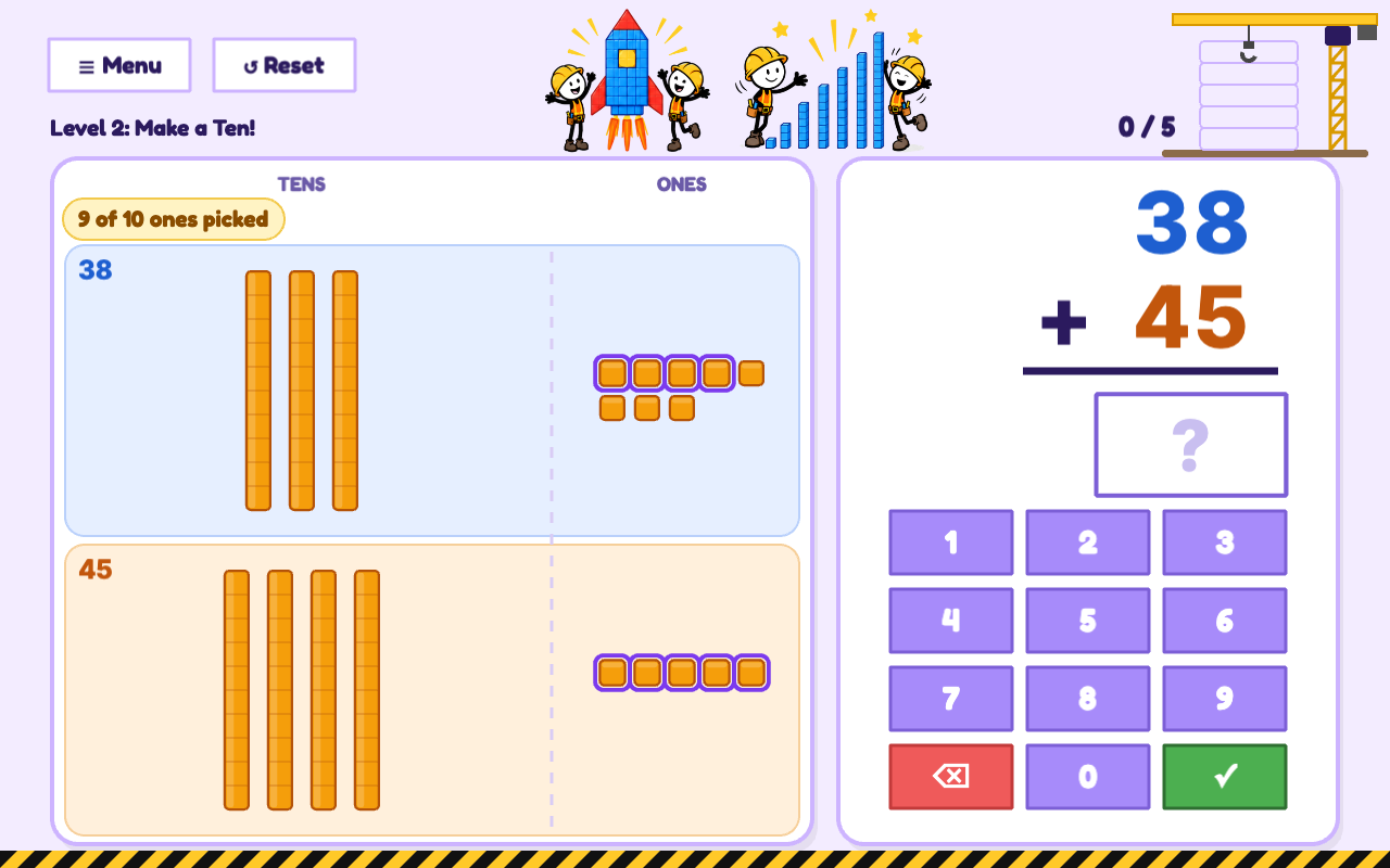 9 ones picked with purple outlines and the counter reading 9 of 10 ones picked
