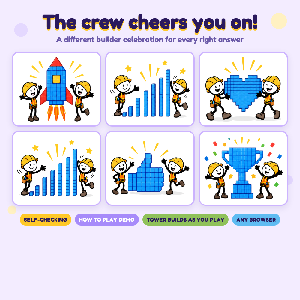 Six builder celebrations: a rocket, a bar graph, a heart, a thumbs-up and a trophy made of blocks