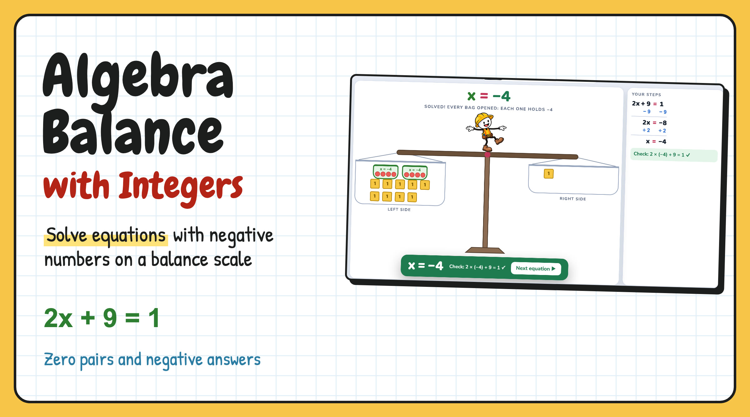 Solving Equations with Integers on a Balance Scale: Algebra Balance with Integers