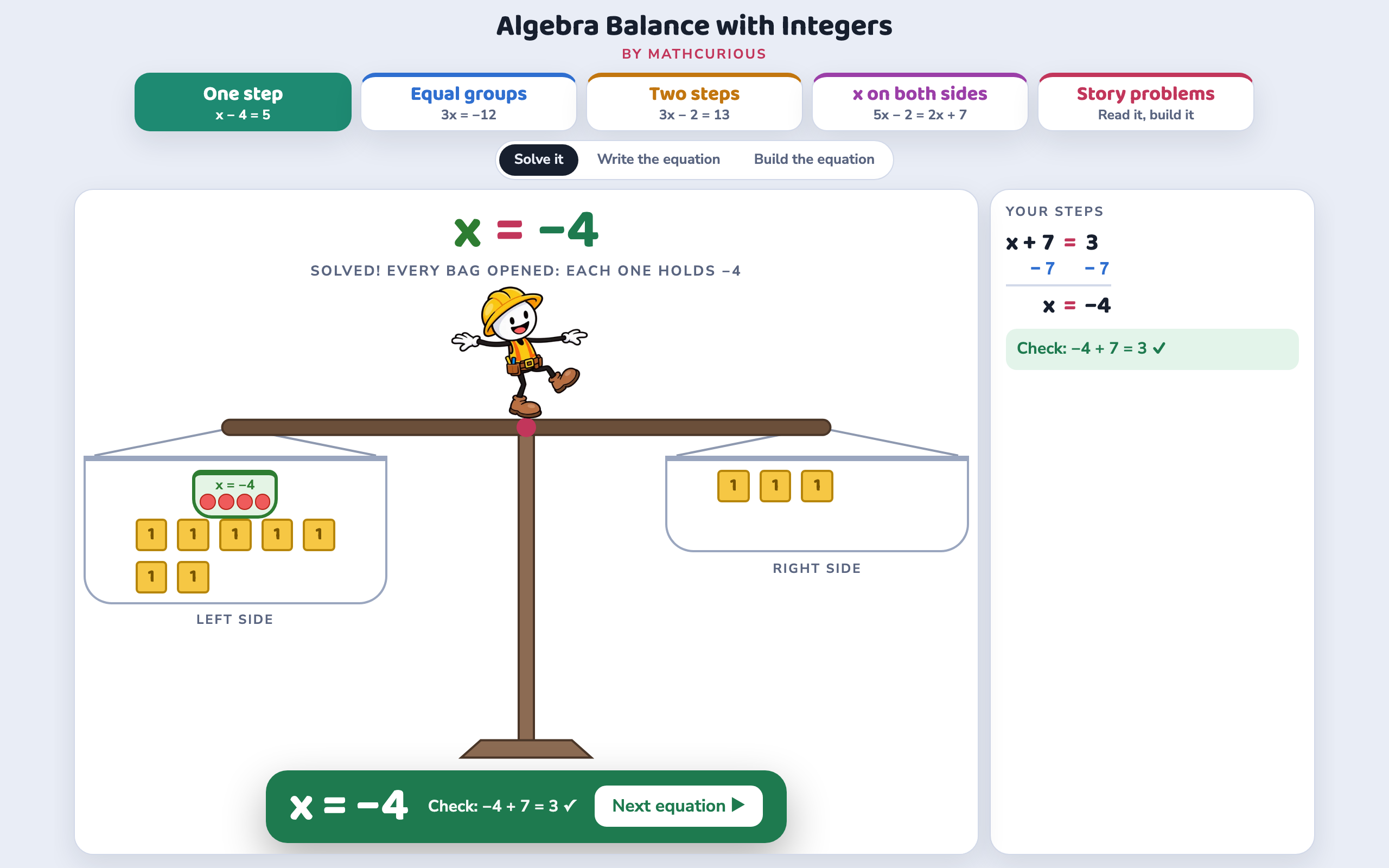Solved: x = −4, the bag opened to show four red balloons, with the check −4 + 7 = 3