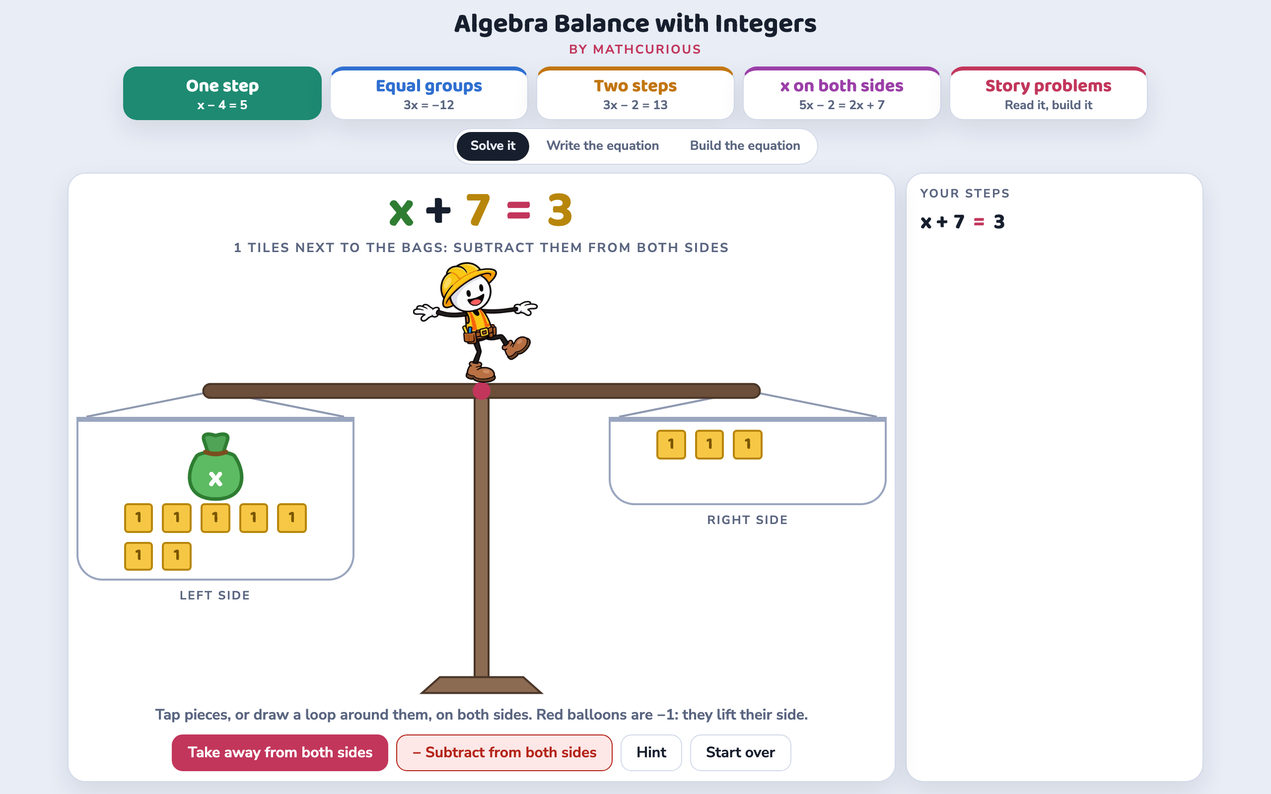 x + 7 = 3 on a balance scale: one green bag and 7 tiles on the left, 3 tiles on the right
