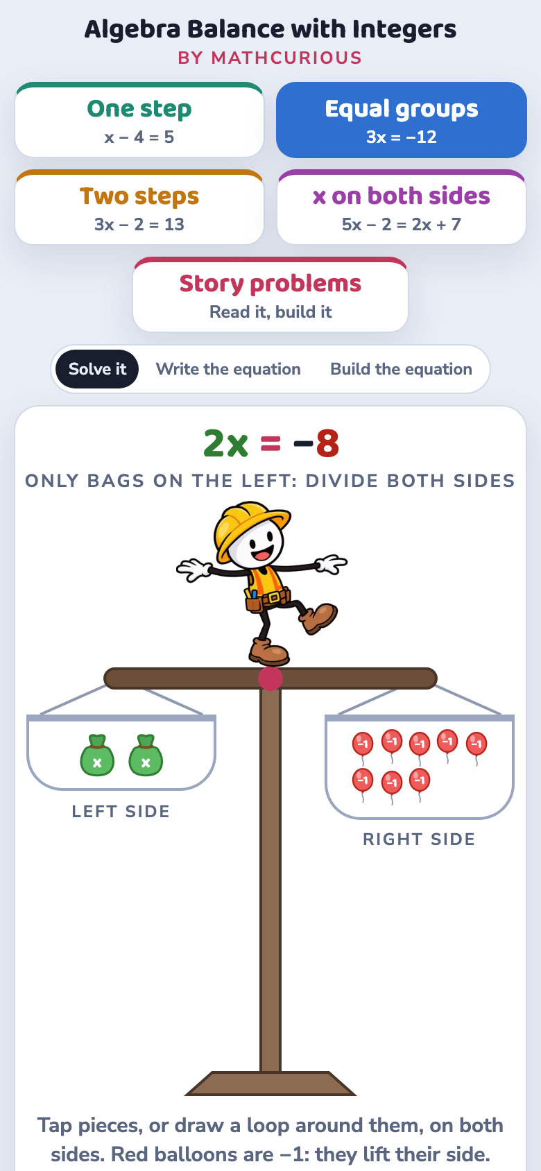 Algebra Balance with Integers on a phone screen