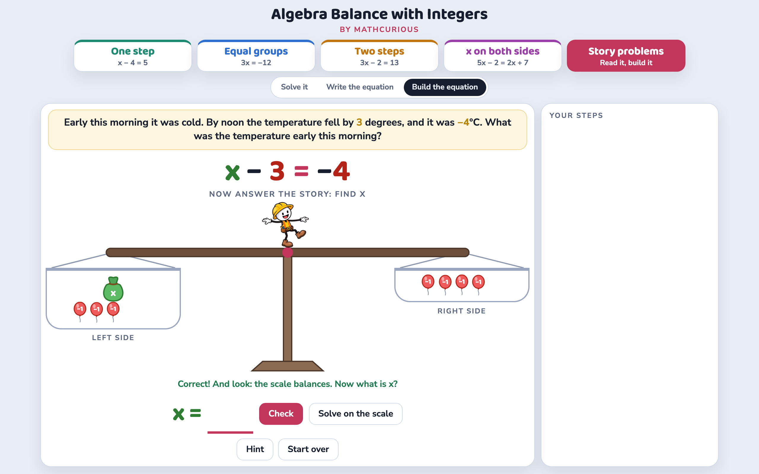 A temperature story built on the balance scale as an equation with negative numbers