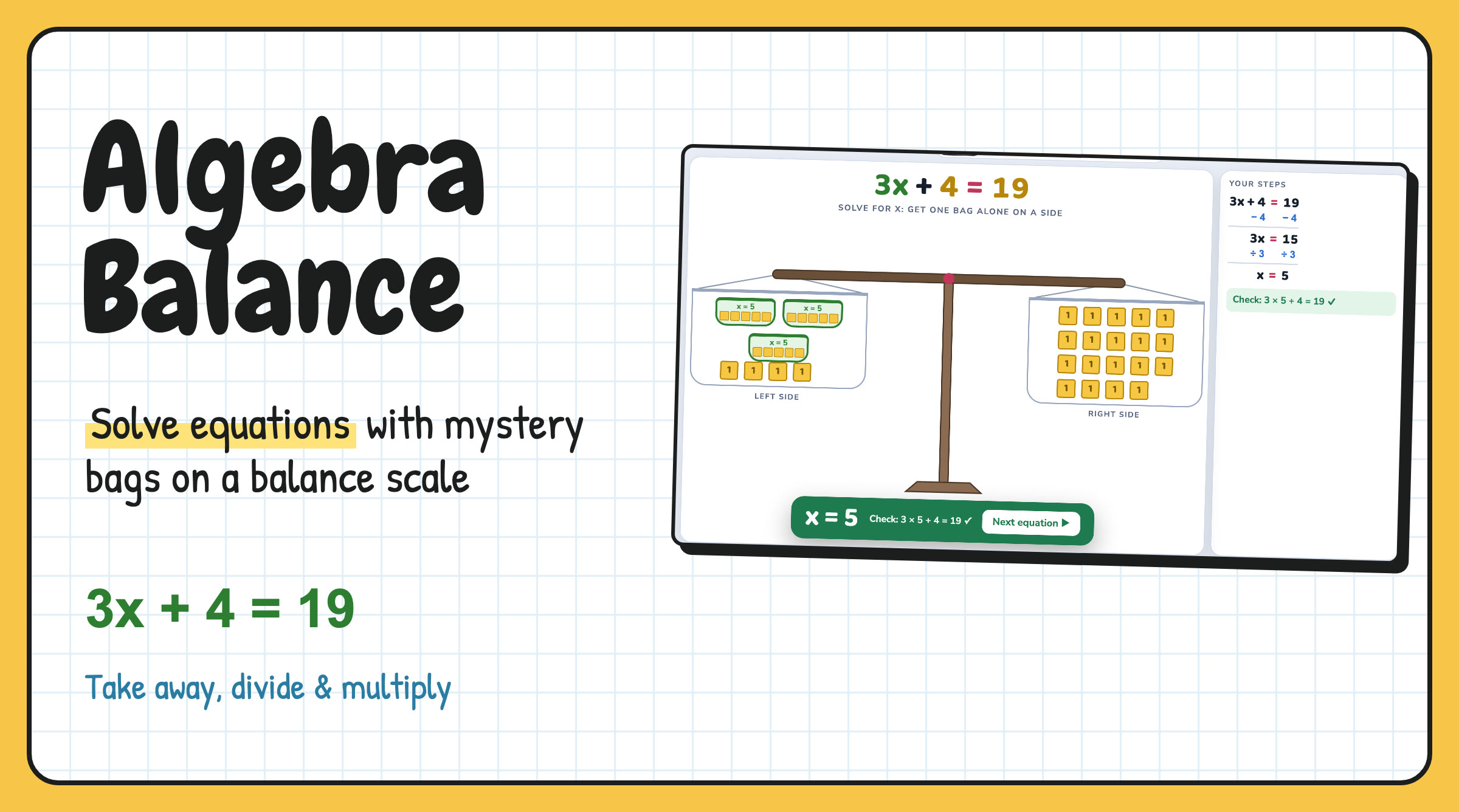 Solving Building Writing Equations with a Balance Scale: Algebra Balance
