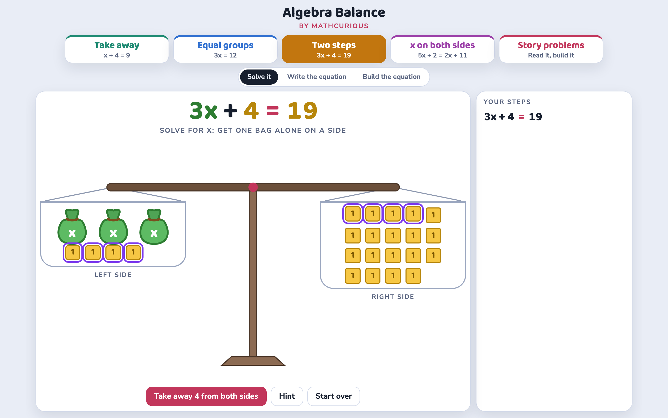 3x + 4 = 19 on a balance scale: three green bags and 4 tiles on the left, 19 tiles on the right, with 4 tiles picked on each side