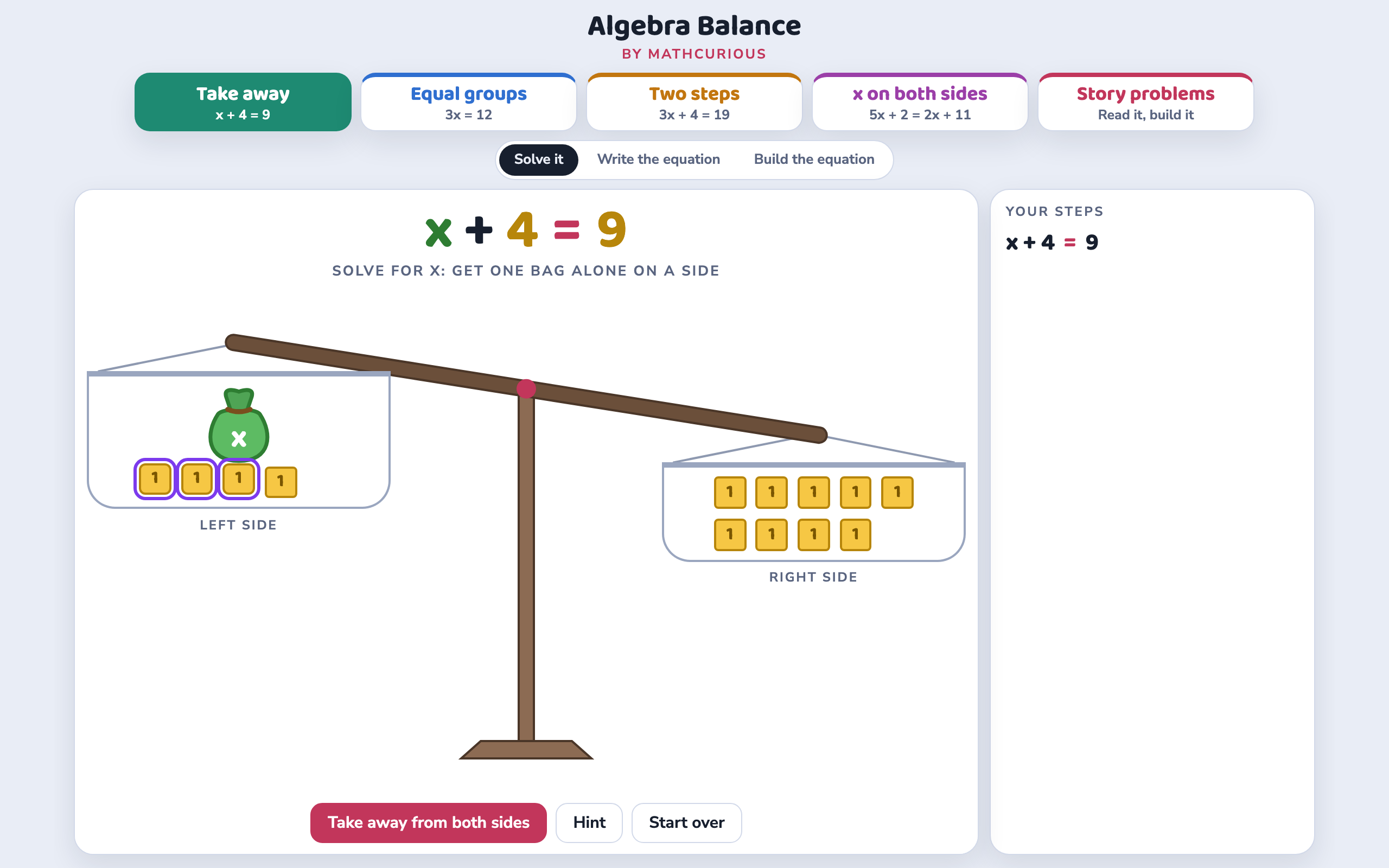 x + 4 = 9 with 3 tiles picked on the left only: the scale tips toward the right