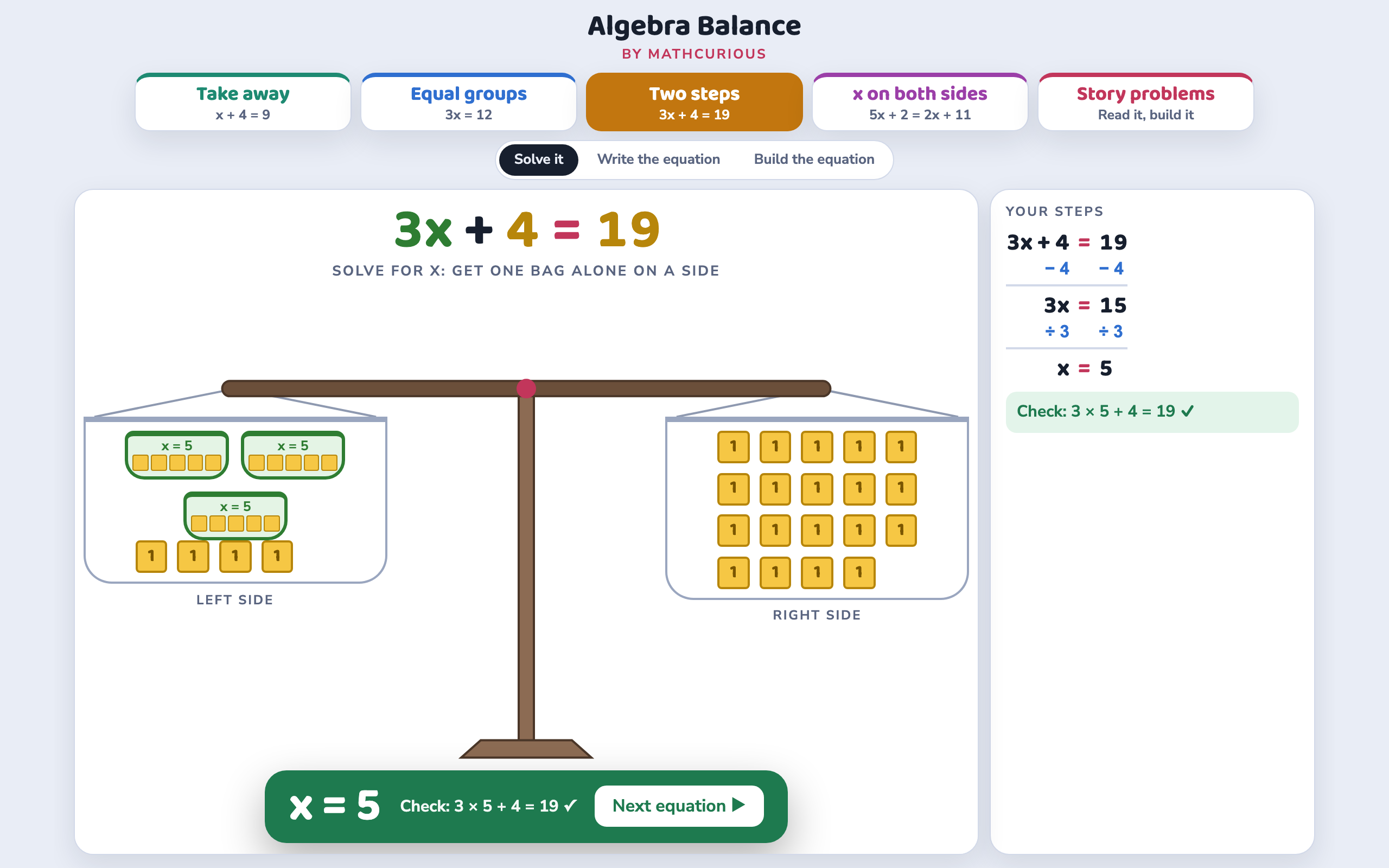 Solved: x = 5, every bag opened to show 5 tiles, and the steps panel showing 3x + 4 = 19, minus 4, 3x = 15, divide by 3, x = 5 with the check 3 × 5 + 4 = 19
