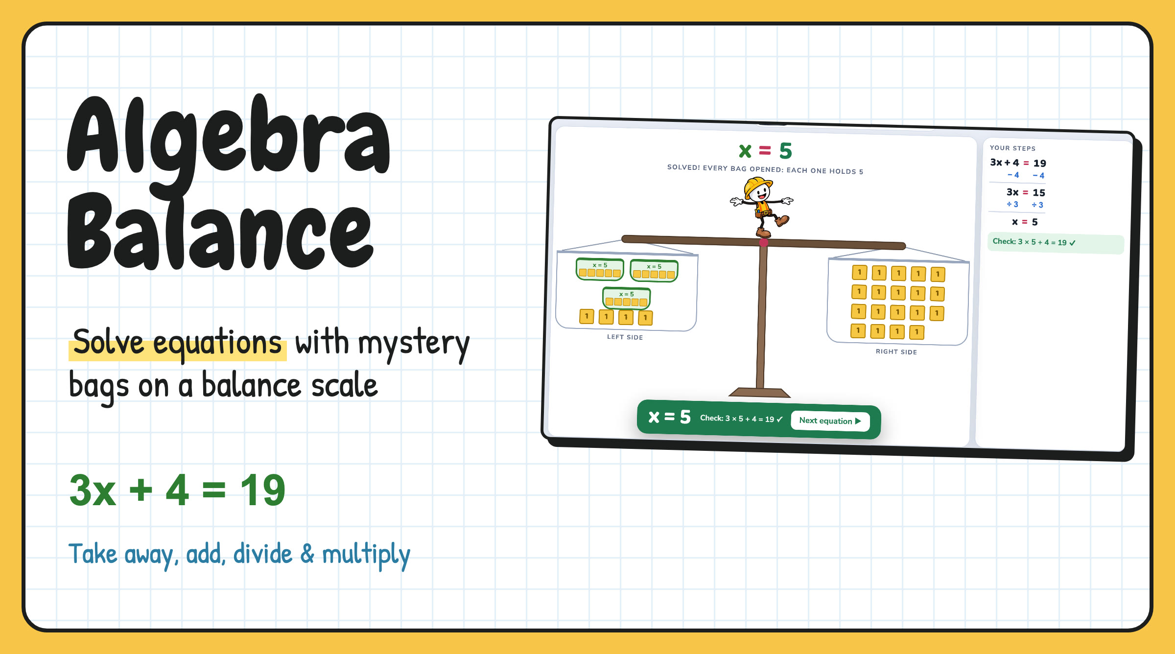 Algebra Balance : Solving Building Writing Equations with a Balance Scale