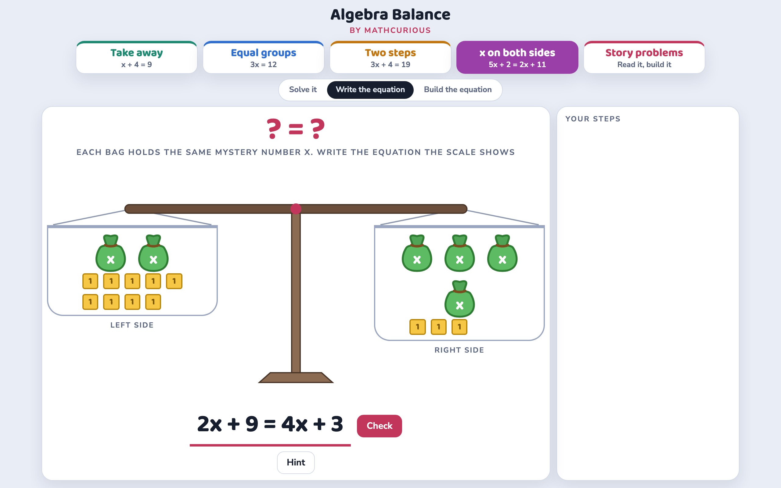 Write the equation mode: the scale shows two bags and 9 tiles balancing four bags and 3 tiles, and the student has typed 2x + 9 = 4x + 3