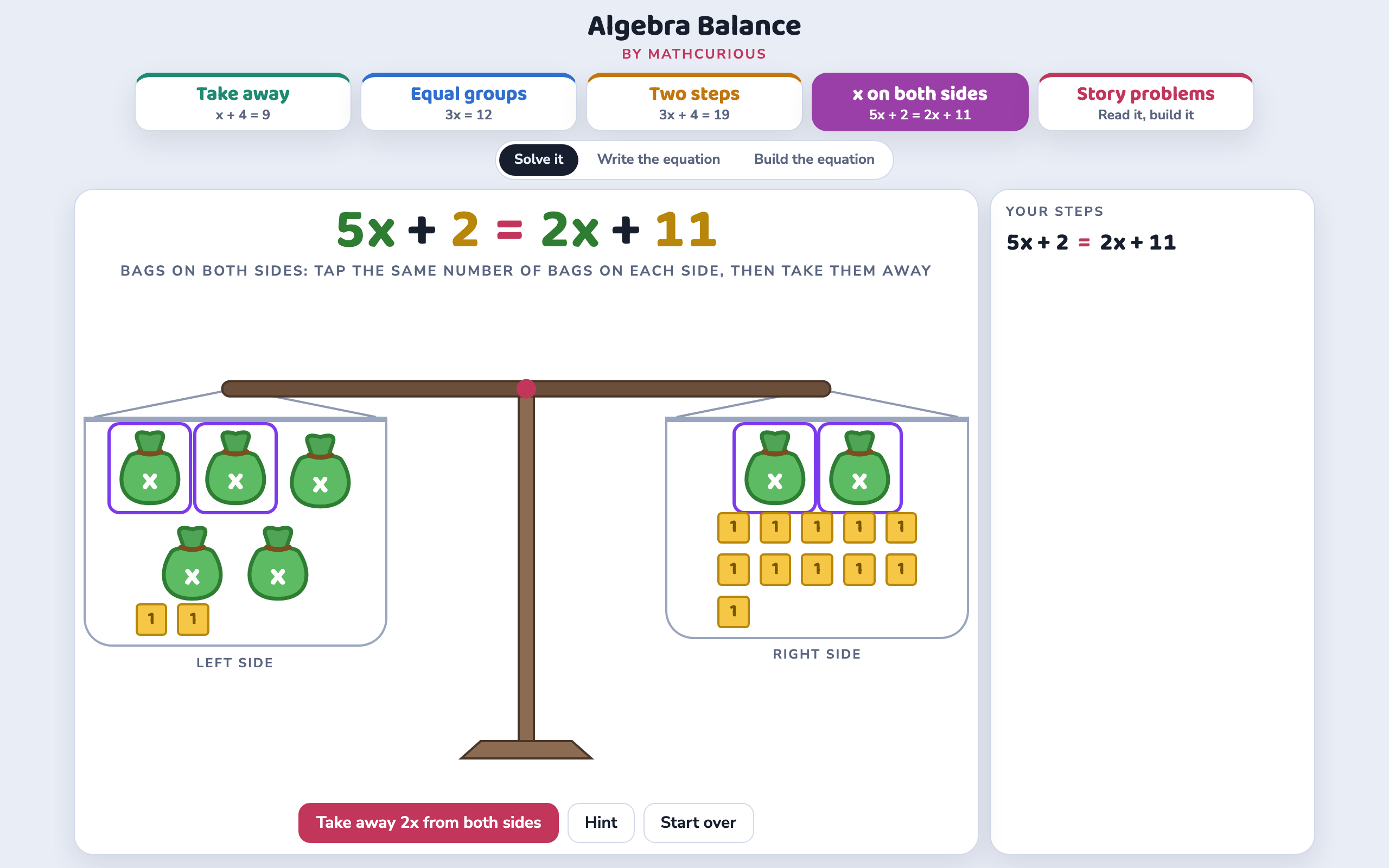 5x + 2 = 2x + 11 with two bags picked on each side