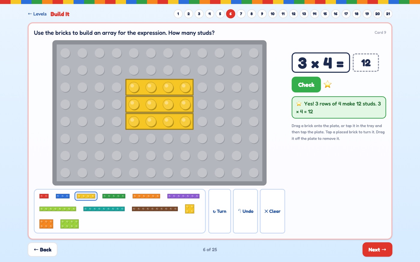 Three yellow 4-stud bricks make a 3 by 4 array; 12 is typed and the message reads Yes! 3 rows of 4 make 12 studs