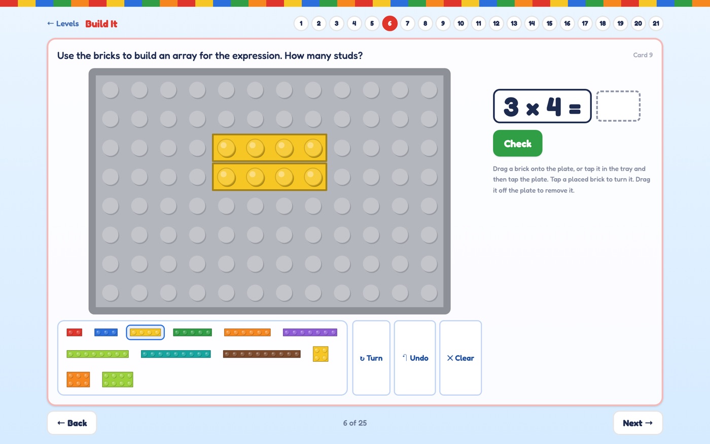 Two yellow 4-stud bricks on a grey baseplate, with the 3 × 4 expression beside it