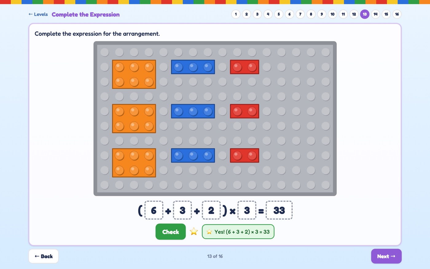 Three groups of a 6-stud, a 3-stud and a 2-stud brick, with (6 + 3 + 2) × 3 = 33 filled in