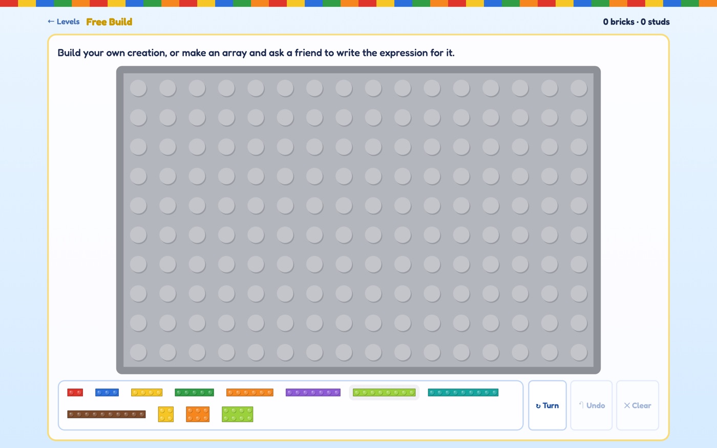 An empty baseplate with the brick tray and a counter showing bricks and studs