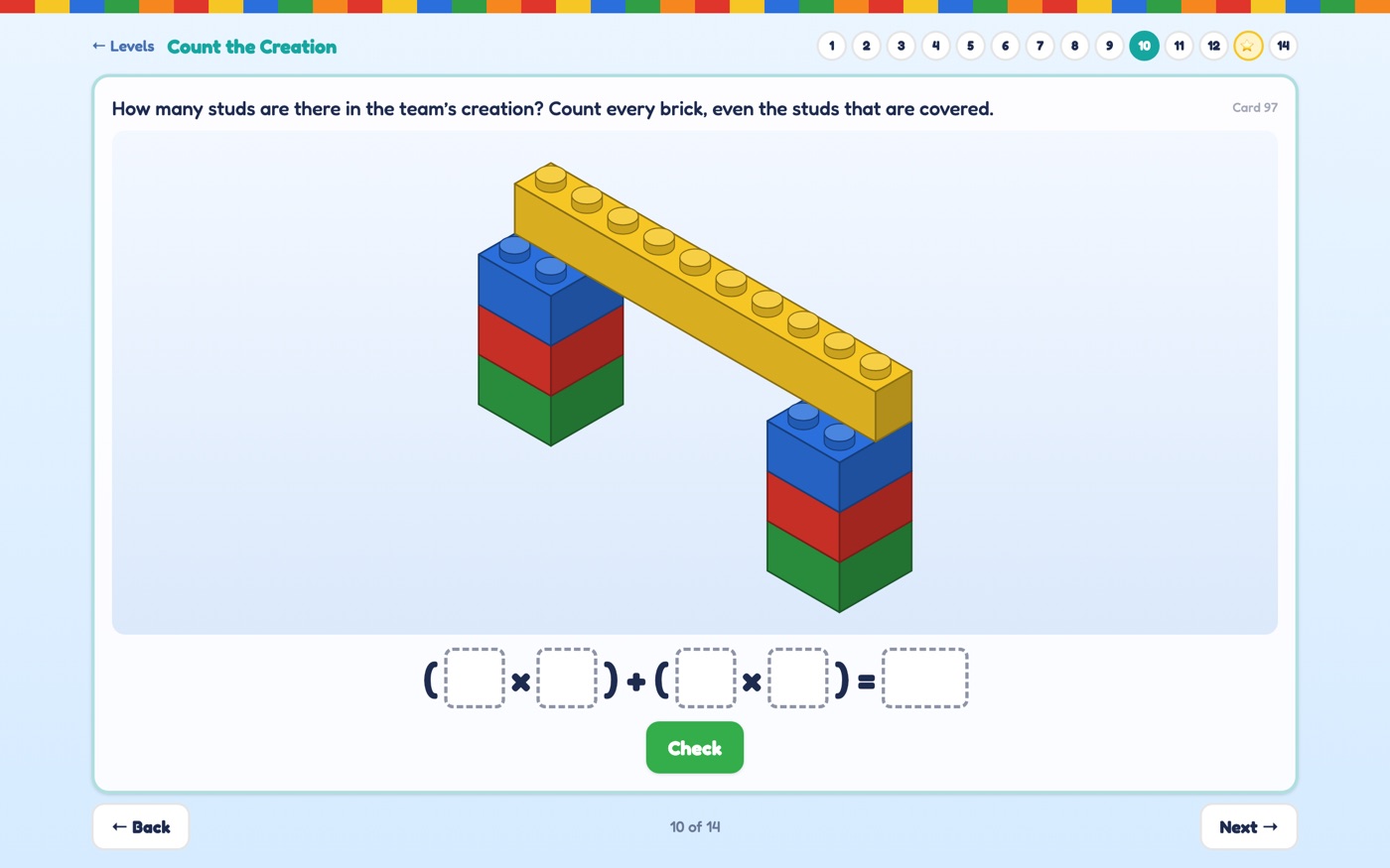 A gate made of two towers of three 4-stud bricks with a 10-stud brick across the top