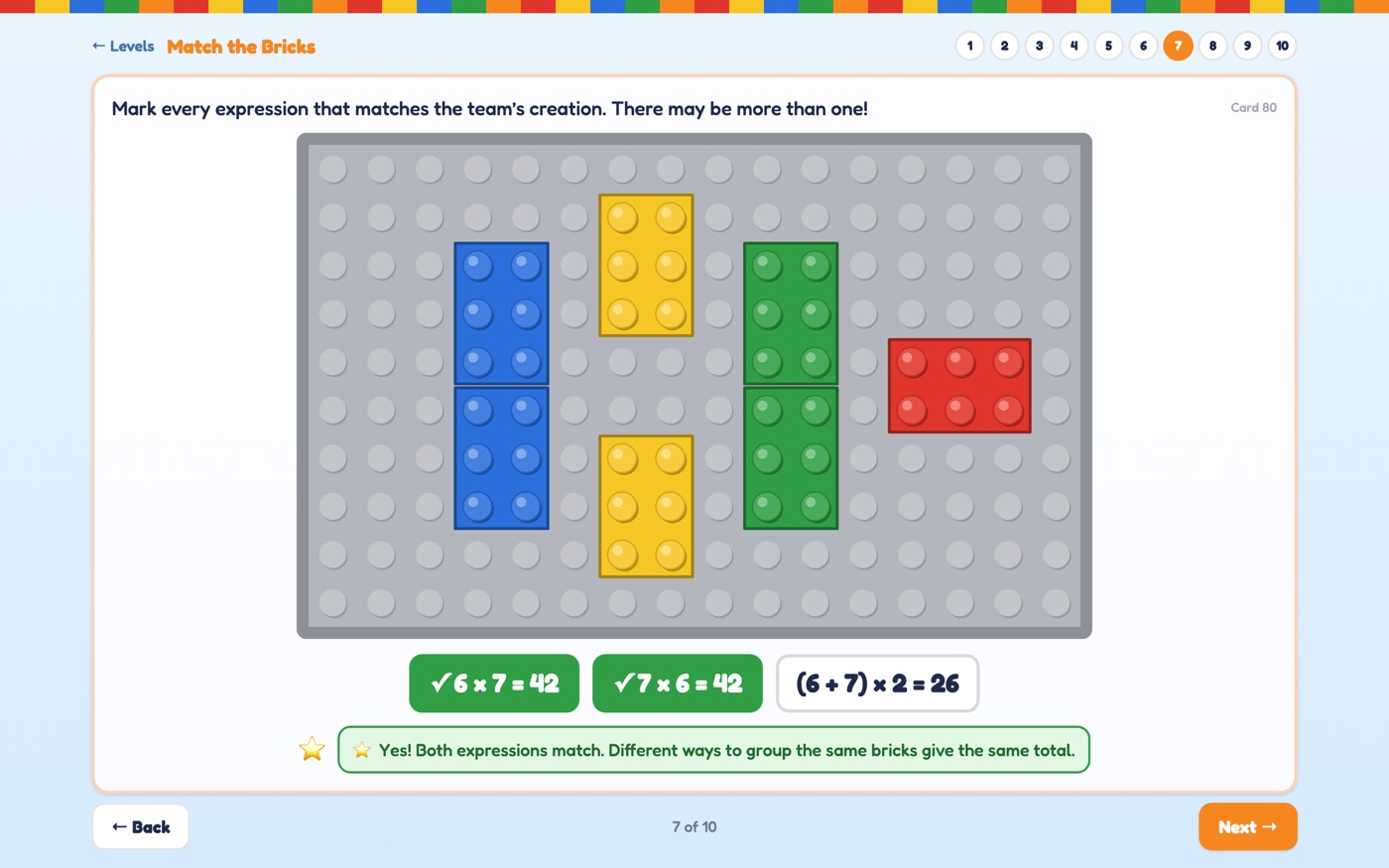 Seven 6-stud bricks with 6 × 7 = 42 and 7 × 6 = 42 both marked, and (6 + 7) × 2 = 26 left unmarked