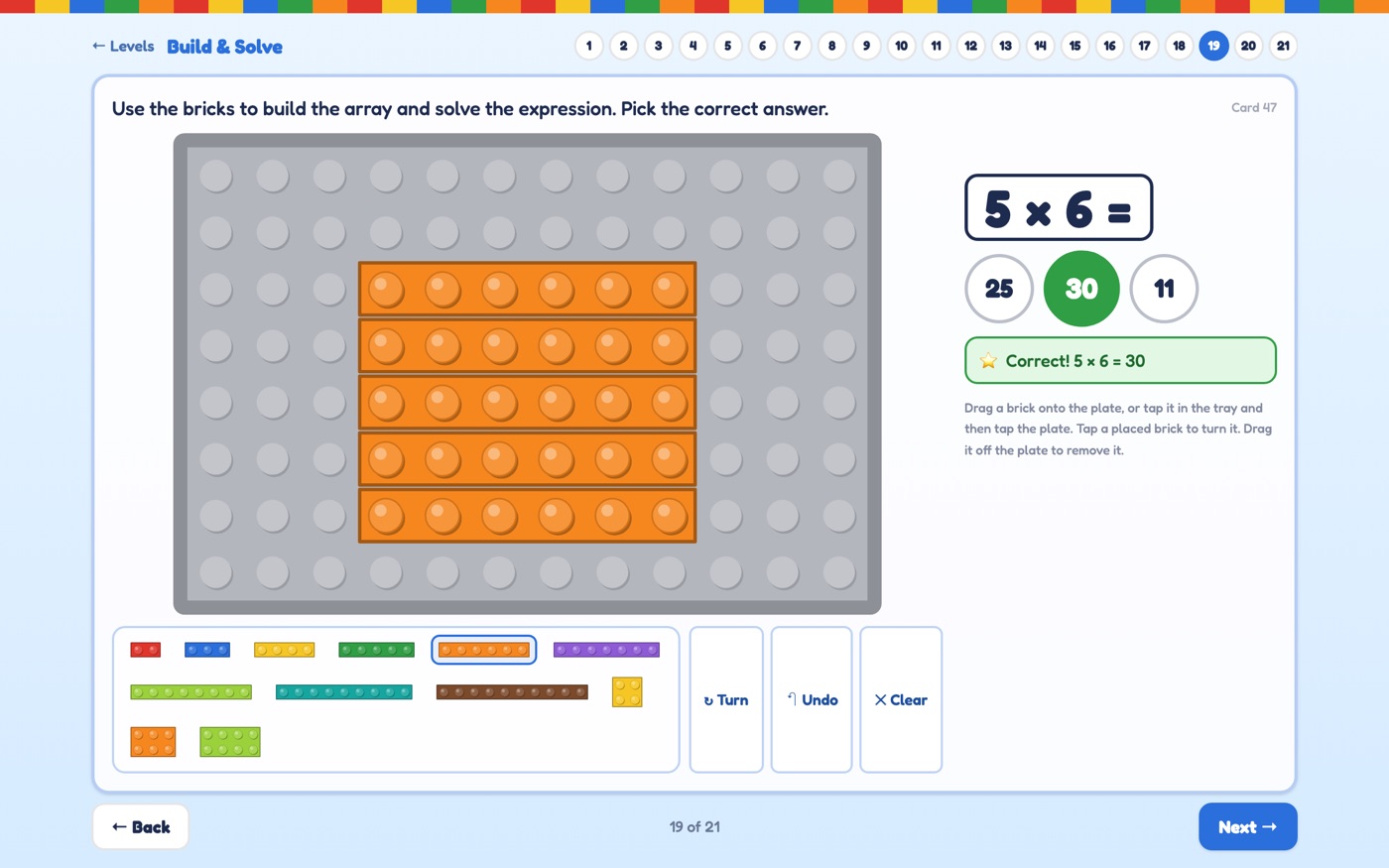 Five orange 6-stud bricks for 5 × 6, with answer choices 25, 30 and 11 and 30 marked correct