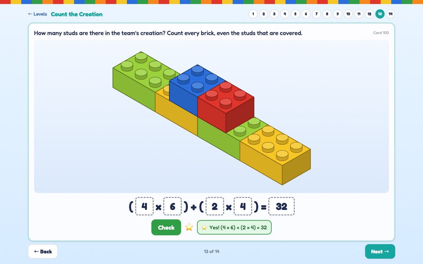 A 3-D model of four 6-stud bricks and two 4-stud bricks, with (4 × 6) + (2 × 4) = 32