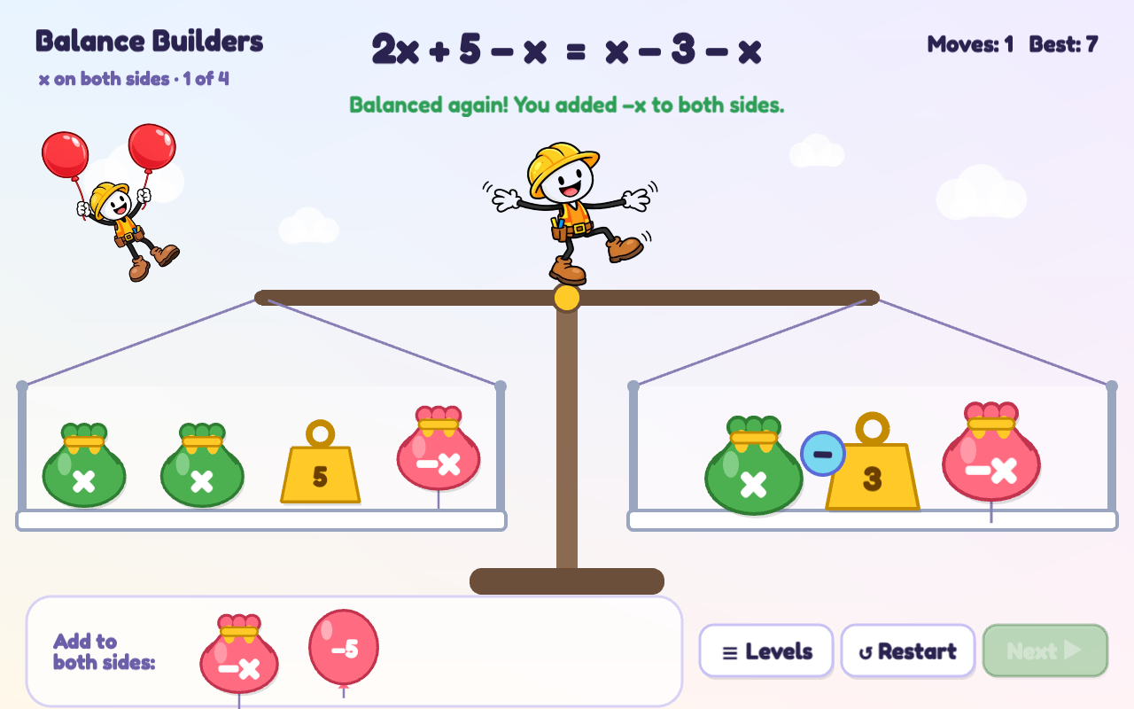 Both pans now have a pink −x bag. The equation reads 2x + 5 − x = x − 3 − x and the message says: Balanced again! You added −x to both sides.