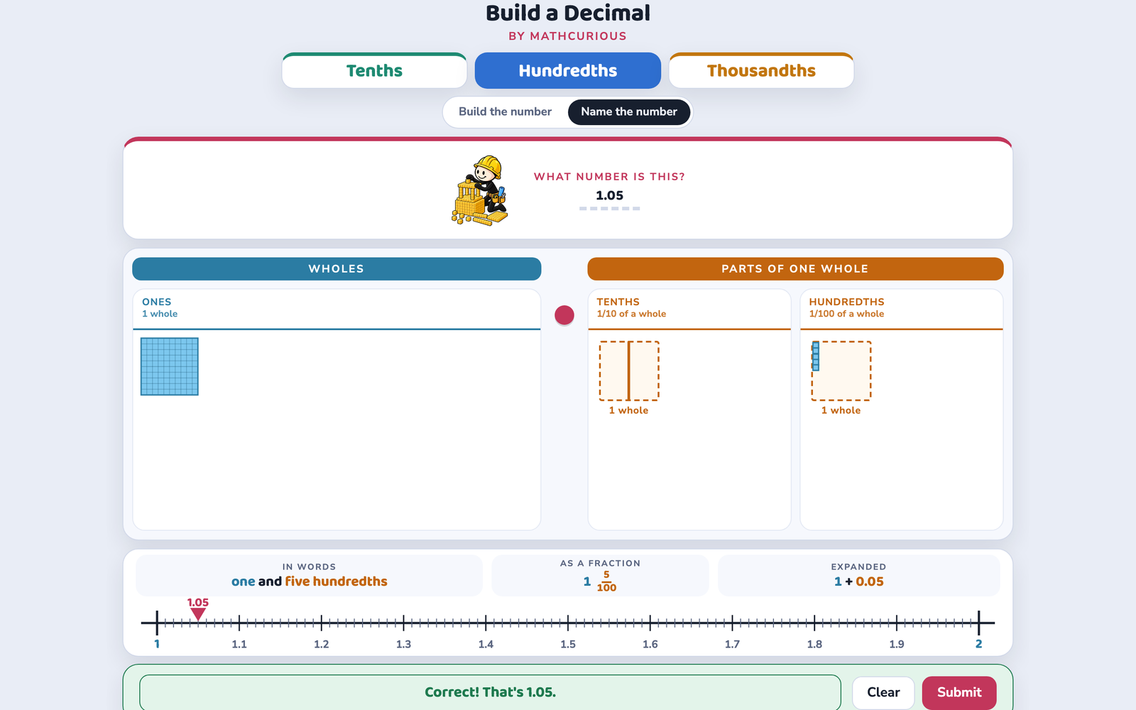 After a correct answer of 1.05: one and five hundredths, 1 5/100, 1 + 0.05 and the number line