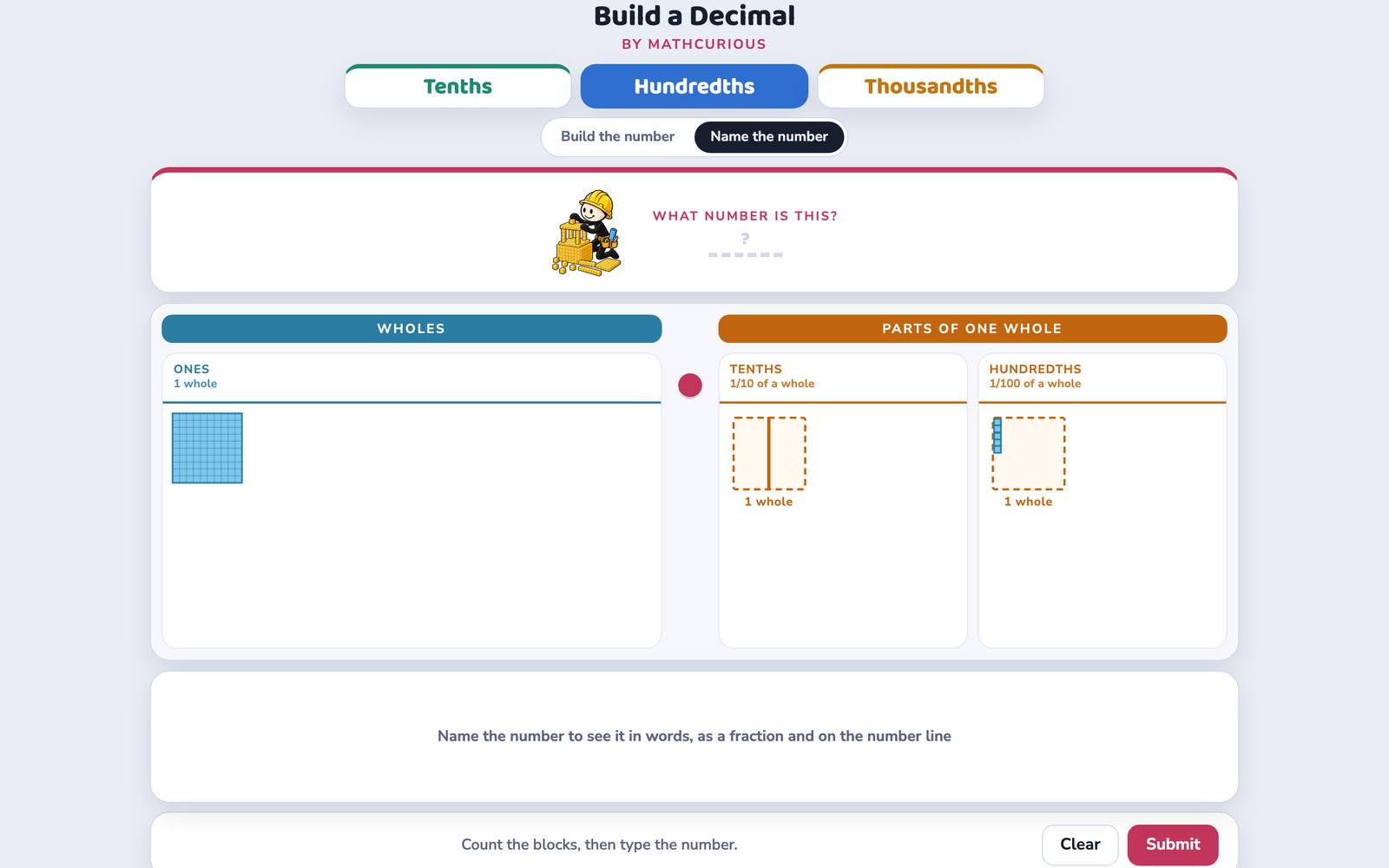 Name the number mode: blocks showing 1 whole and 5 hundredths, waiting for the answer