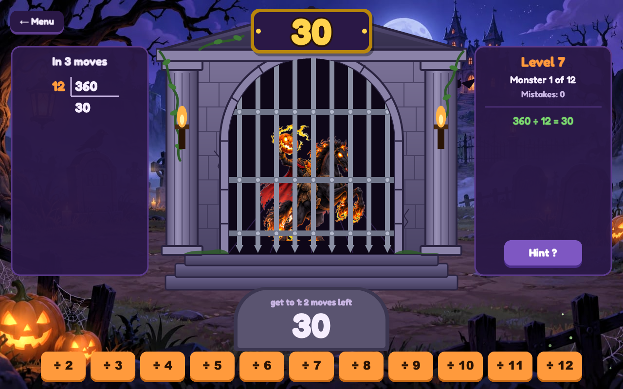 Level 7: get 360 down to 1 in 3 moves; after 360 ÷ 12 the sign shows 30 with 2 moves left