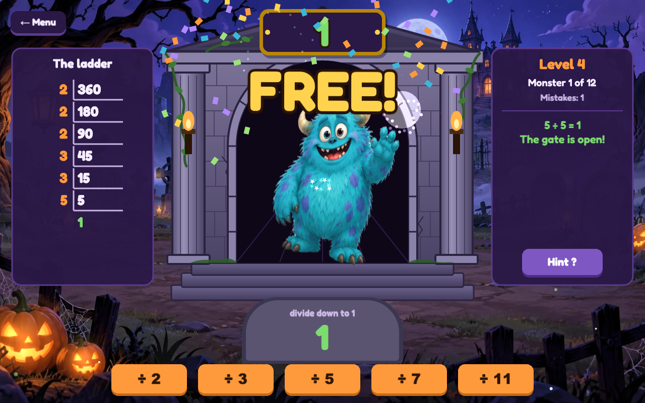 The monster bursts out of the crypt under a big FREE! banner with confetti