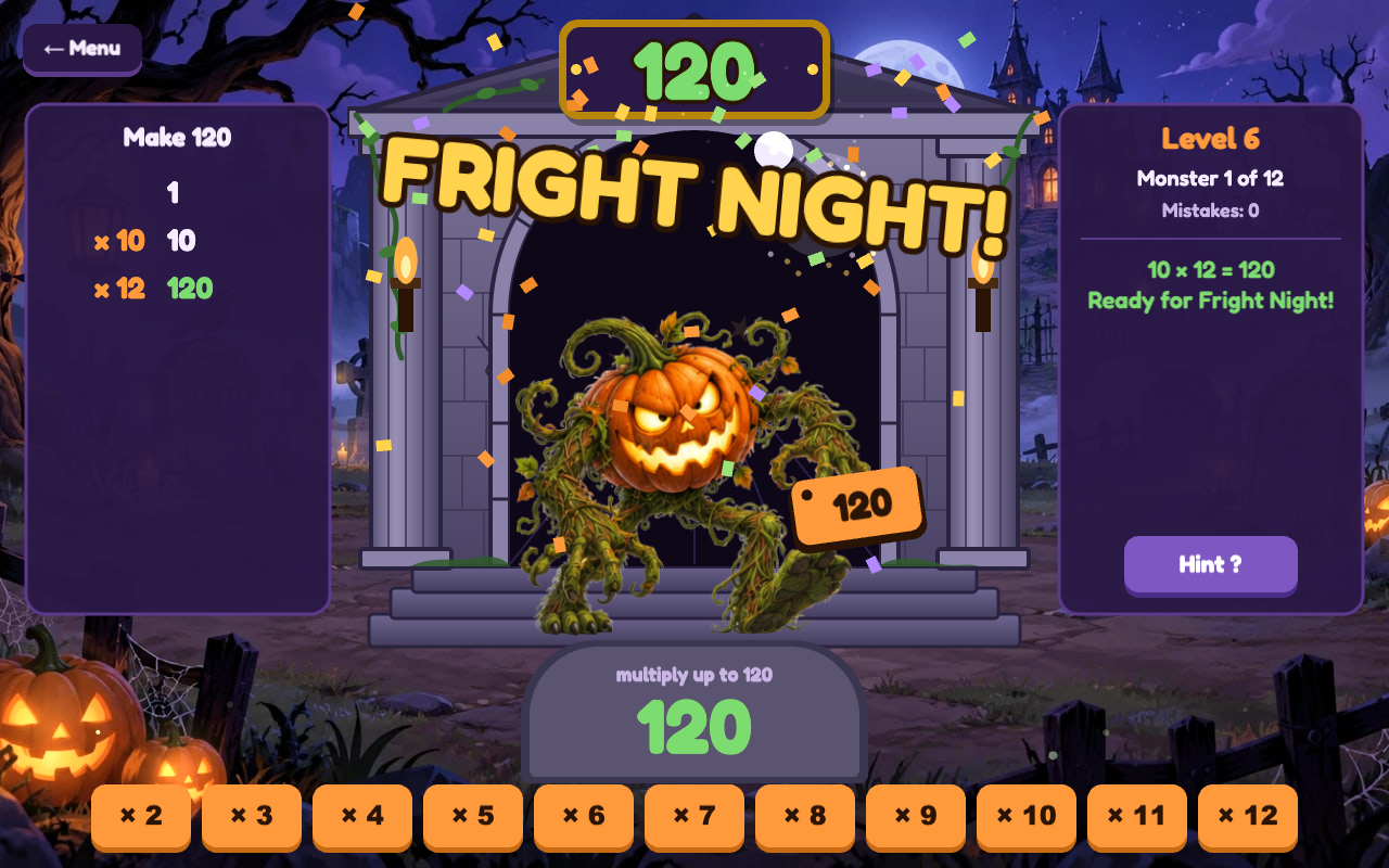A ghost ready for Fright Night after 1 × 10 × 12 = 120, with its number tag