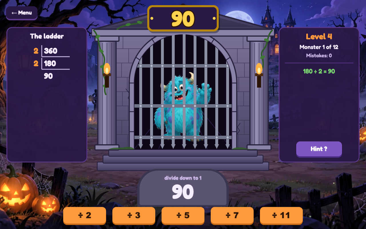 A fuzzy monster behind an iron gate, with 90 on the sign above the cage and the ladder 360, 180, 90 on the left