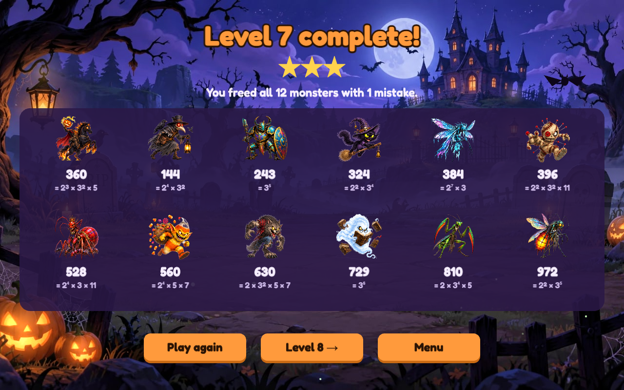 Level 7 complete: three stars and twelve freed monsters, each with its number and prime factorization