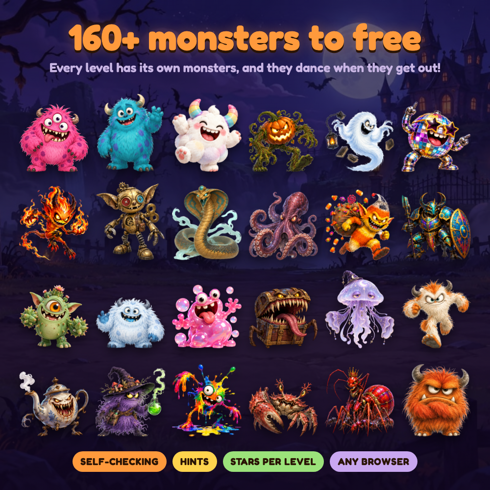 A grid of 24 of the monsters: fuzzy monsters, a pumpkin, a ghost, a disco ball, a fire imp, a cobra, an octopus and more