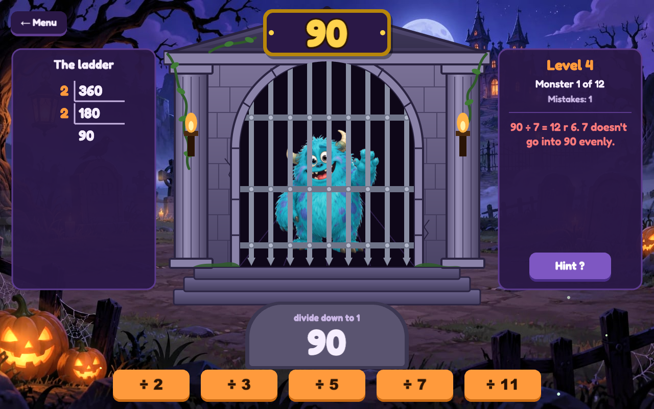 The message reads 90 ÷ 7 = 12 r 6, 7 doesn't go into 90 evenly