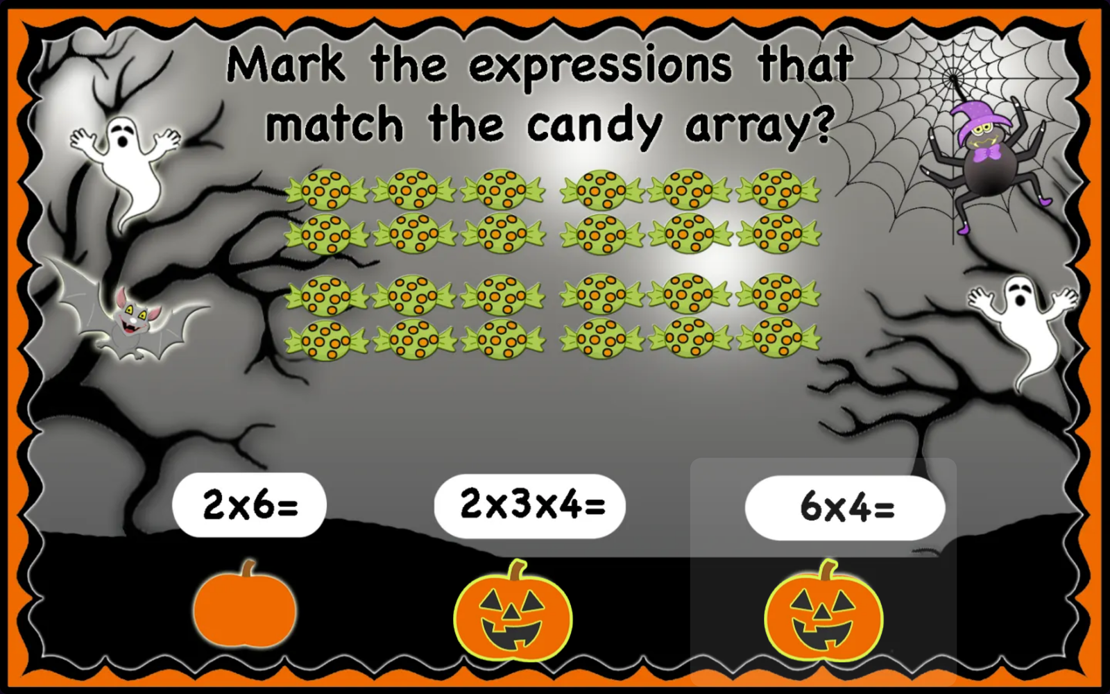 An array of spotty candies in two blocks, with 2 × 3 × 4 and 6 × 4 marked
