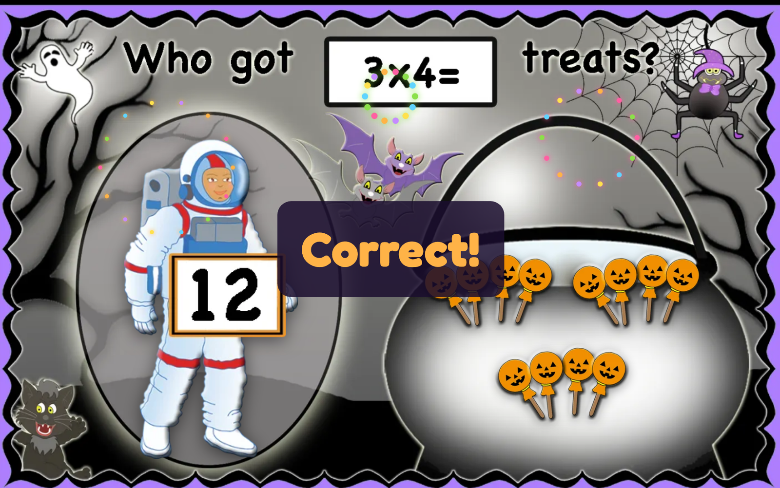 3 × 4: three groups of 4 pumpkin lollipops in the cauldron, the astronaut holding 12 in the oval, and Correct!