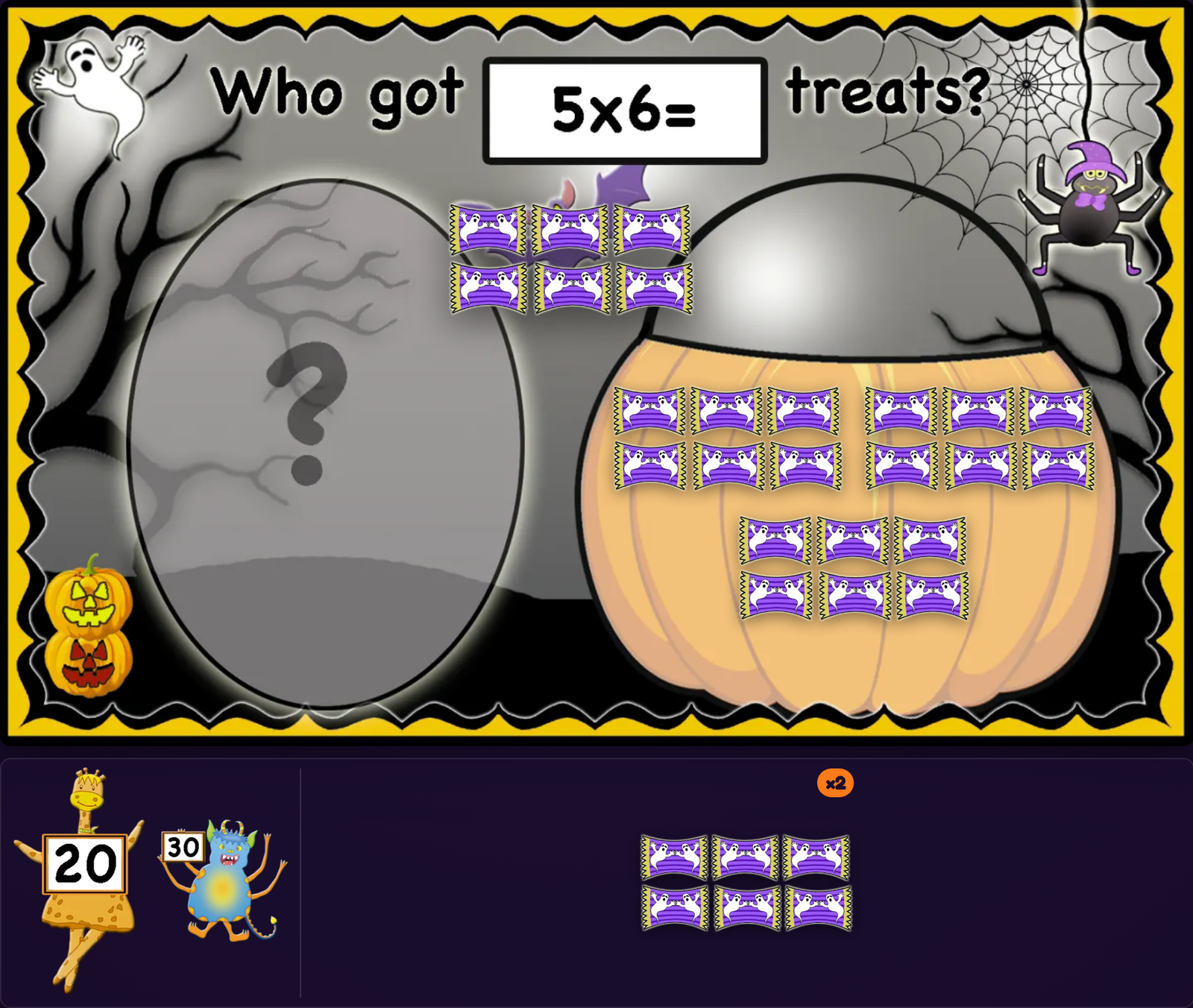 Who got 5 × 6 treats? Three groups of 6 ghost candy bars in the pumpkin pail and a fourth being dragged in from the tray