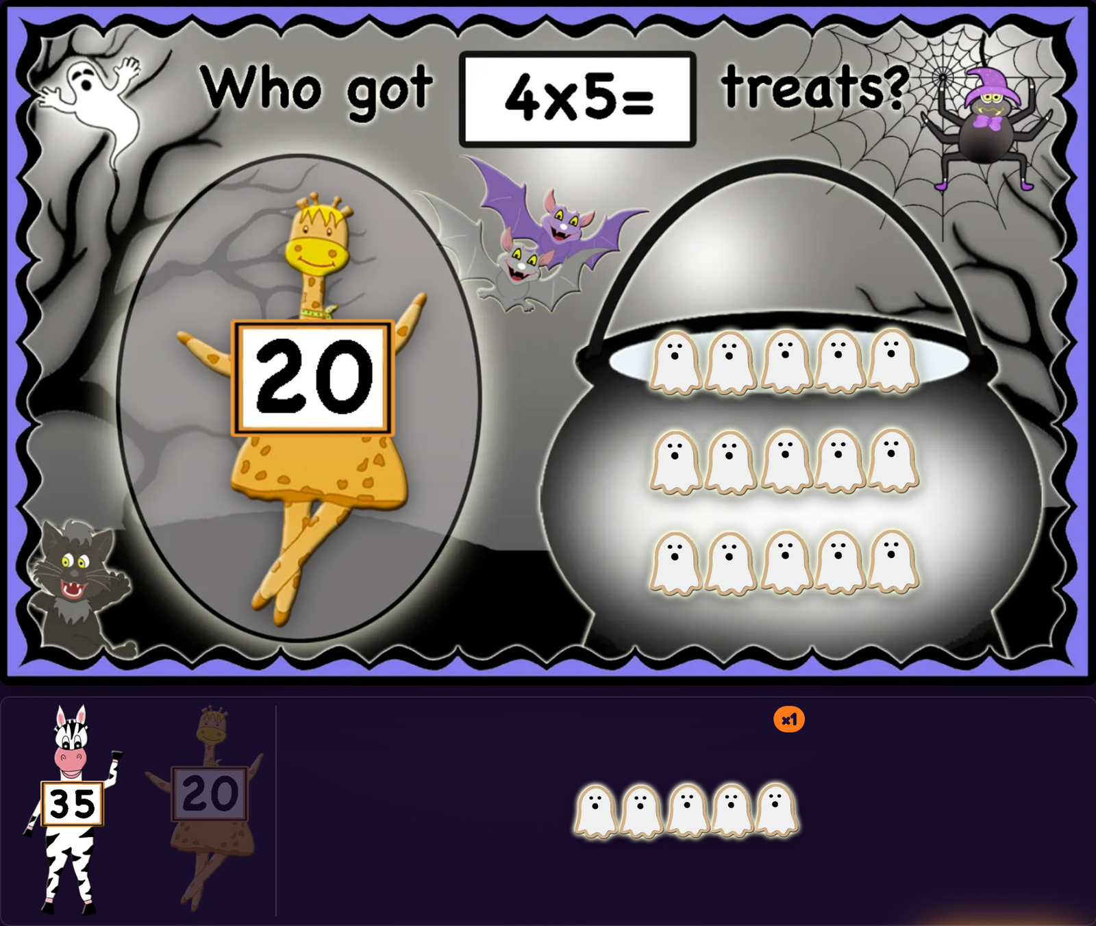 4 × 5 with only three groups of ghost cookies in the cauldron and the giraffe holding 20 chosen